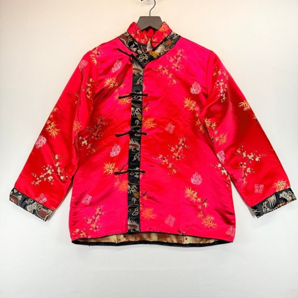 Vintage 90s Oriental S.F. Red Brocade Mandarin Jacket Frog Closure S